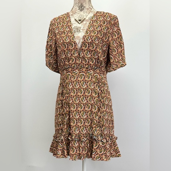 THE EAST ORDER Rust and black paisley deep V ruffle hem mini dress size L - Picture 11 of 16